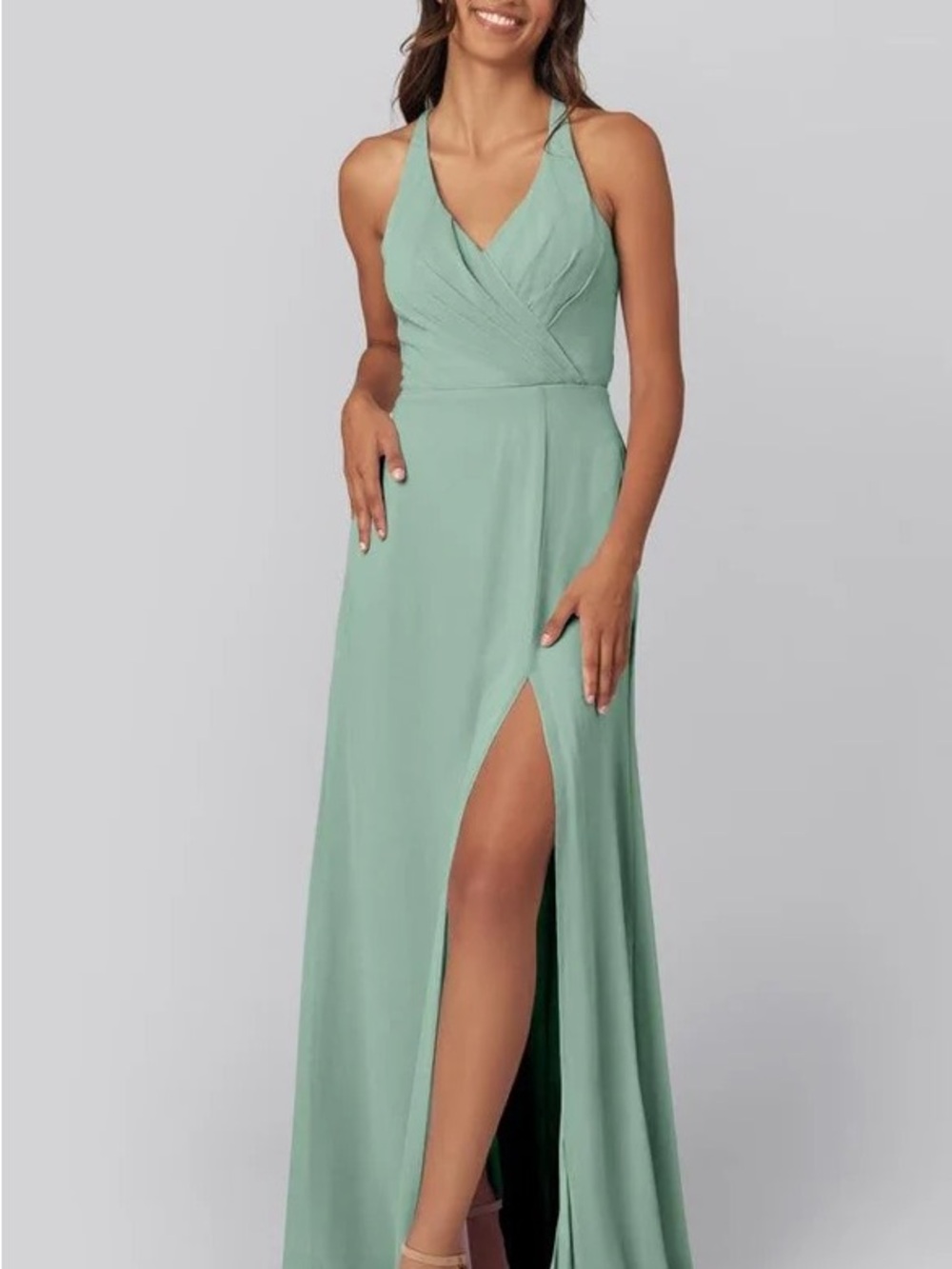 Sleeveless Mint Green V-Neck Wedding Guest Dress with Side Slit
